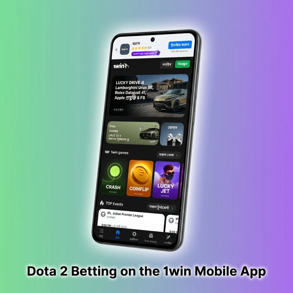 Dota 2 betting on the 1win mobile app showing esports markets, live odds, and step-by-step bet placement guide
