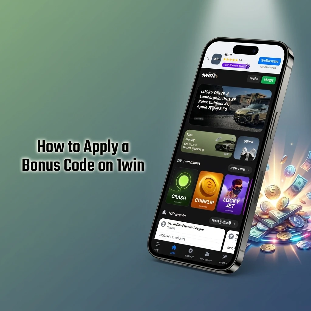 1win bonus code entry steps showing deposit page promo field and account dashboard for activating offers