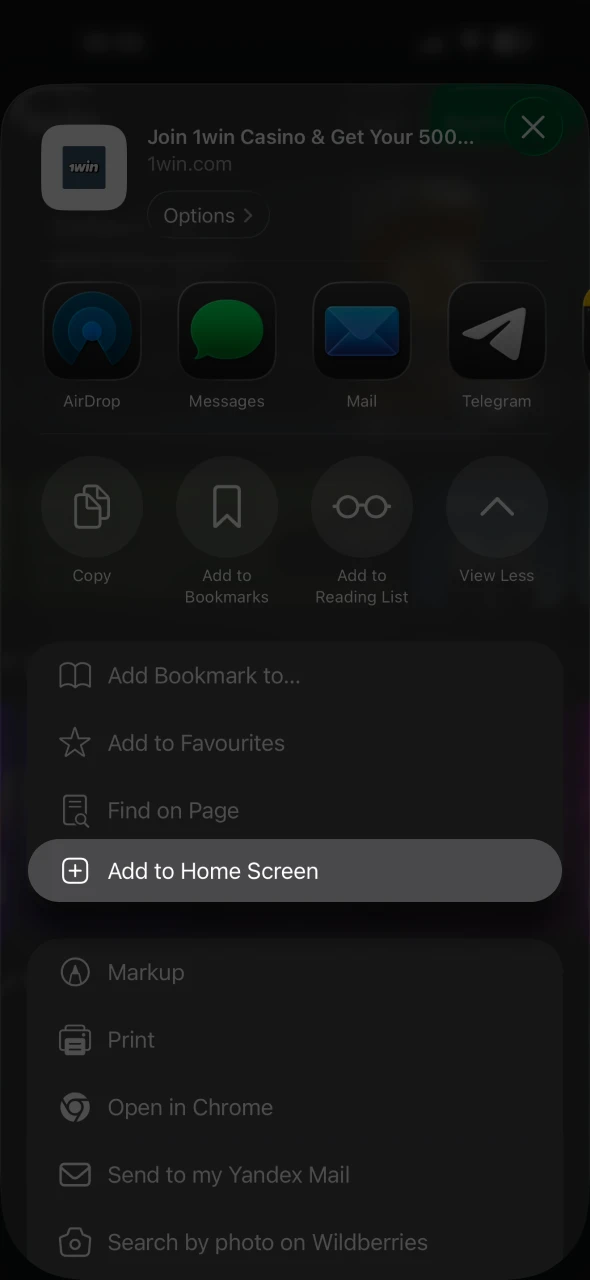 Tab Add to Home Screen option on 1Win web page.