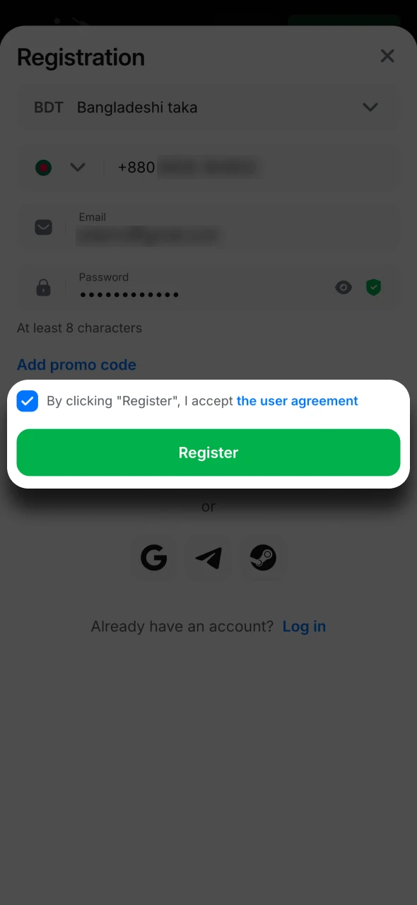Complete the form and confirm 1Win registration process.
