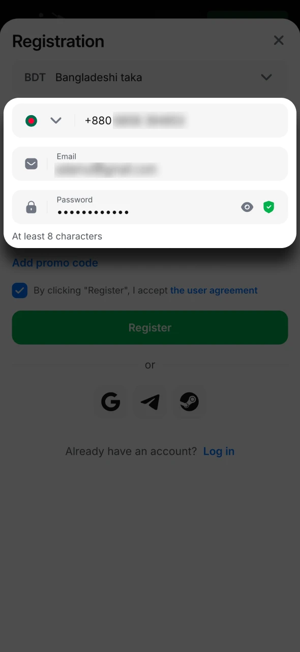 Fill in your personal details in the 1Win register form.