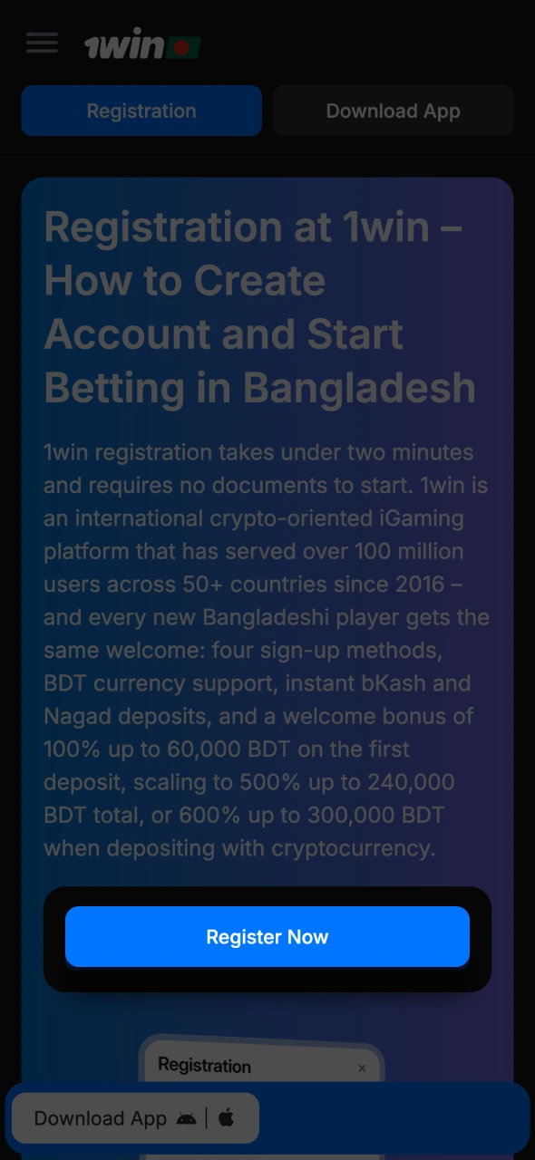 Click the button to start registration process at 1Win.