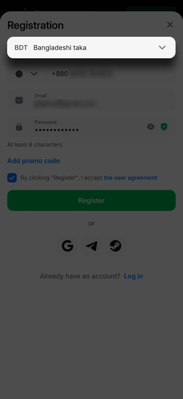 Choose Bangladeshi Taka as your currency at 1Win.