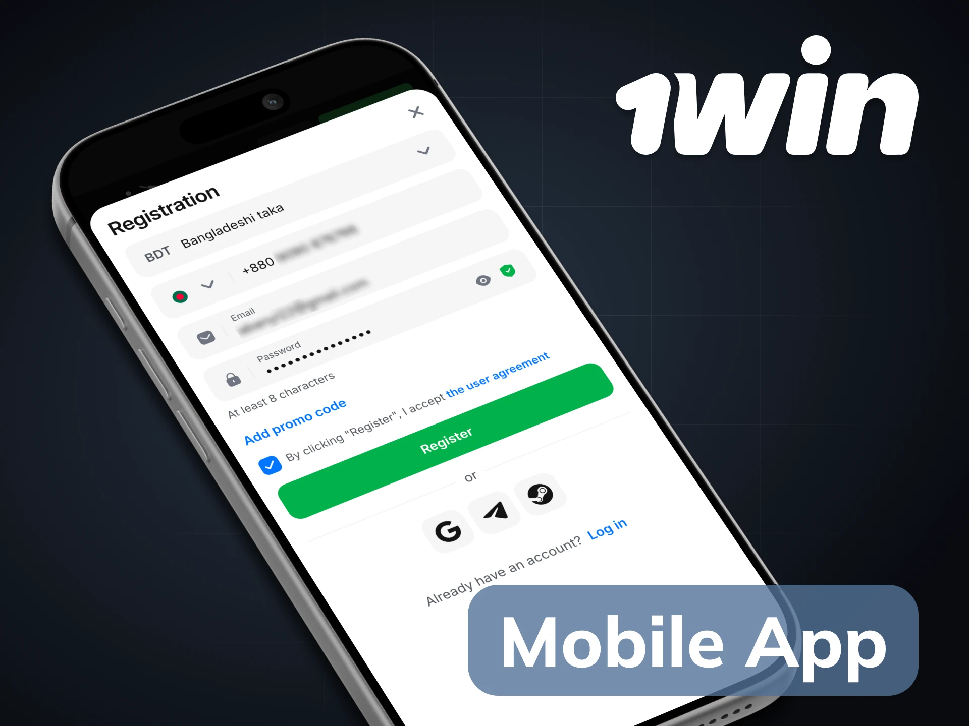 Follow the guide to register on 1Win through application.